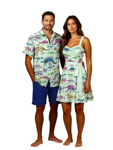 DRESSFO Couple Matching Hawaiian Outfits Cute Dinosaur Print Sleeveless Mini Dress or Men's Vocation Roll Up Sleeve Shirts