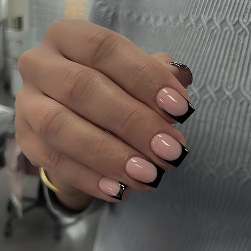 Black French Tip Press on Nails Short Square Nails Press ons French Tip Glue on Nails for Women DIY Acrylic French Nails Short Gel Nails, Natural Thick Extra Short French Fake Nails 30Pcs 15 Sizes