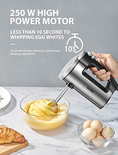 AICOK Hand Mixer Electric 2019 Durable Version 6 Speed Powerful Handheld Mixer Food and Cake Electric Mixer with Turbo and Easy Eject Button Stainless Steel Body, Beaters and Dough Hooks (Renewed)