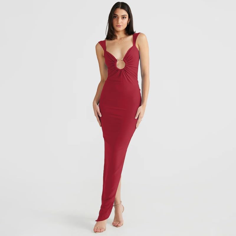 Image of Women Sexy Backless Dress V Neck Sleeveless Bodycon Backless High Slit Maxi Long Party Cocktail Wedding Dress