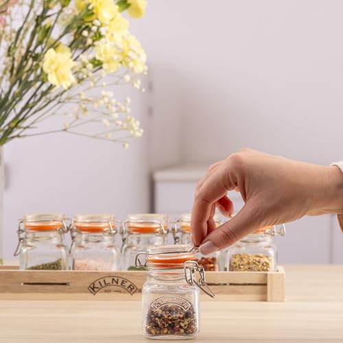 Image of Kilner Premium 6 x 70ml Clip Top Glass Spice Jars With Airtight Lid | Transparent Reusable Kitchen Storage Glass Containers for Herbs, Spices | Dishwasher Safe