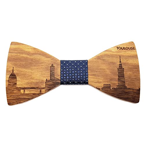 GASTON ET FERDINAND - Noeud Papillon Bois Foncé Tissu Bleu Ville Française Cocorico France Au Choix Fait Main Artisanal - Taille unique, TOULOUSE Cover