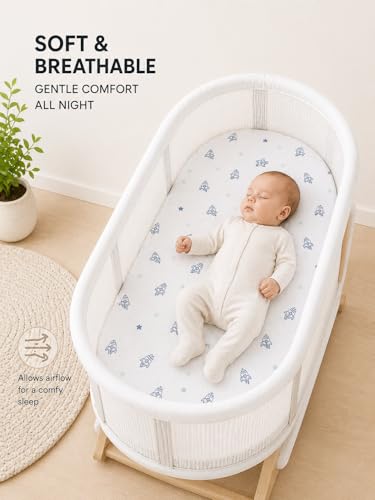 Image of Cotton Fitted Bassinet Sheets, 33x17x4, Sage Green-White-Blue, 3 Pack