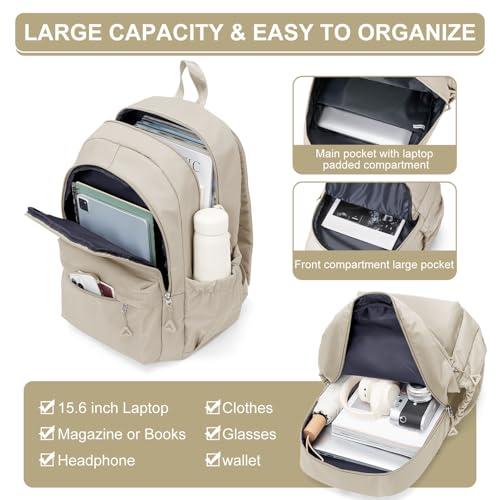 Casual Laptop Backpack for Women Men College Bookbag Waterproof Lightweight School Bag 15.6inch Laptop Daypack Large Capacity School Backpack for Teens Boys Girls (khaki)2