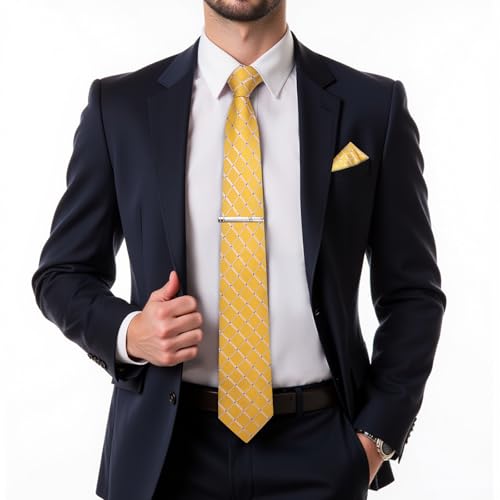 Image of DiBanGu Mens Silk Plaid Tie and Pocket Square Set | Elegant Silk Formal Tie Set, Woven Check Necktie and Cufflinks Tie Clip Set, Perfect for Wedding Party, Comes in Gift Box