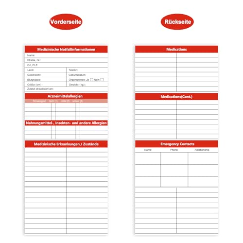 MEDMAX Notfall-Kontaktausweise für Medizinische Informationen auf Deutsch, Dreifach Faltbar mit Schutzhüllen, Notfall-Kontakt-Ausweise auf Deutsch, Medizinische Notfallkarte, 8 Stück