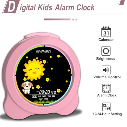 Sinoviwe Kids Alarm Clock Sun & Moon LED Display with Day & Date OK to Wake Clock with Night Light for Kids Children's Sleep Trainer Gift for Boy and Girls (Pink) - image 5