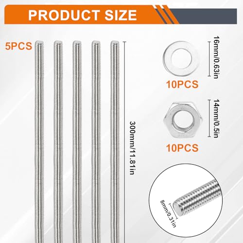 Gewindestange Gewindestab M8 Edelstahl Gewindestangen Gewindestäbe mit 10 Sechskantmutter für Die Herstellung von Maschinenbaumöbeln (M8 x 300 mm)
