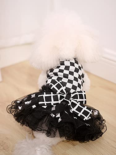 Qwinee Checkerboard Print Bow Decor Pet Dress Cat Dog Mesh Princess Dress Cute Puppy Dresses Pet Party Birthday Costume For Small Medium Large Girl Cats Dogs Kitten Black And White Xx-Large #TOP3