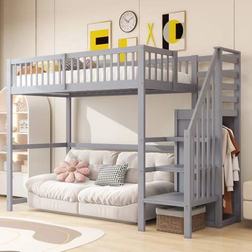 Cama alta infantil de 90x200 de madera con armario para cuarto pequeño 5