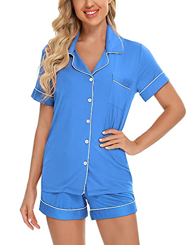 Image of Anjue Womens Pajamas Set Short Sleeve Sleepwear Button Down Nightwear Shorts Soft Pj Sets S-XXL