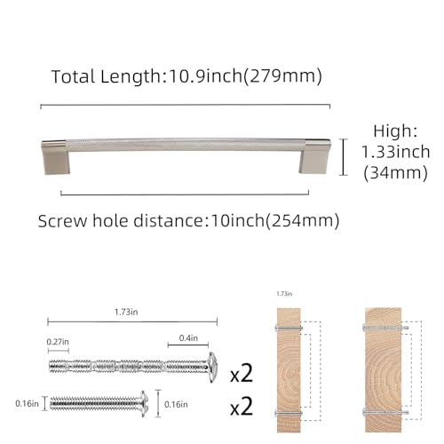 COTYKILEY 6 Pack 10 Inch(254mm) Brushed Satin Nickel Cabinet Handles Sliver Knurled Kitchen Cabinet Pulls Cabinet Door Handles Kitchen Cabinet Hardware Cupboard Drawer Pulls Dresser Handles by COTYKILEY - Image 2