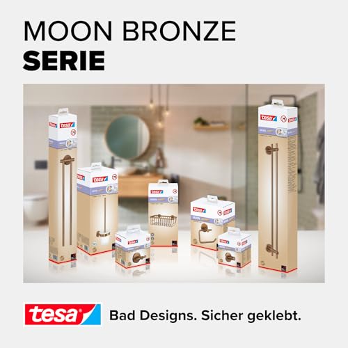 tesa Moon Bronze Toilettenpapierhalter in gebürsteter Bronze - Selbstklebender Rollenhalter ohne Deckel, aus PVD-beschichtetem Metall - ohne Bohren, inkl. Klebelösung - 140mm x 99mm x 53mm