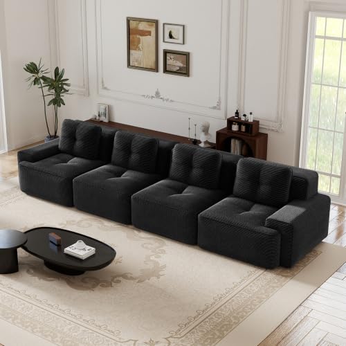 Image of 153 inch Extra Large 4-Seater Modular Boneless Couch, Luxury Corduroy Fabric, Deep Seat Cloud sectional Sofa with Buckle Connection, No Assembly Anti-Slip Couch for Big Living Room, Black