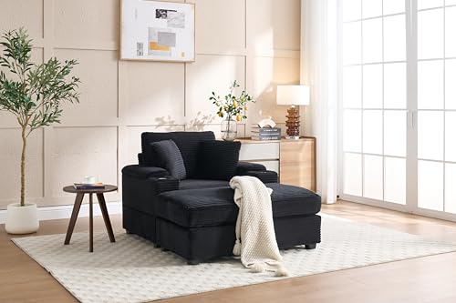 Image of 50 inch Corduroy Upholstered Chaise Lounge Chair Indoor, Modern Lazy Sofa with Storage Armrest, Sleeper Couch with Cup Holders for Living Room, Black