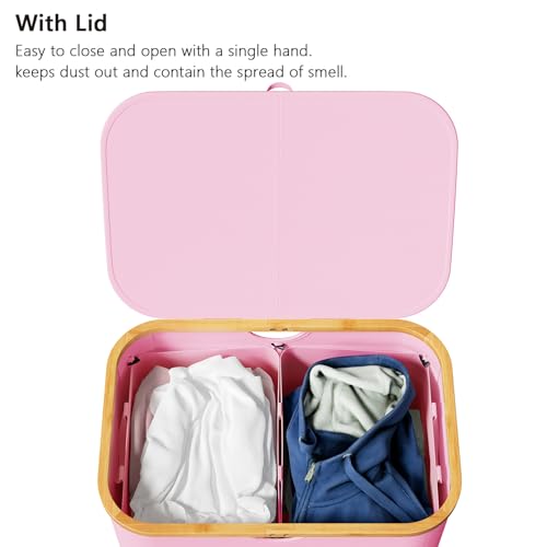 SpaceAid Double Laundry Hamper 2 Section with Lid and Removable Laundry Bags, 160L Clothes Basket with Bamboo Handles, Large Collapsible Hamper for Bedroom, Bathroom, Dorm, Laundry Room - Pink