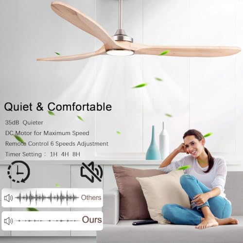 Image of QUTWOB 42 inch Wood Ceiling Fan with Light, Reversible DC Motor, Remote Control | solid wood blades, quiet 6-speed reversible dc inverter motor, remote control, 3-color led, for indoor outdoor patio garage