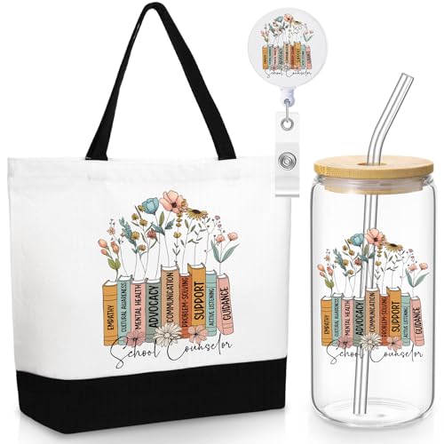 Vesici 3 Pcs School Counselor Teacher Appreciation Gifts for Women 16 oz Glass Cup Large Canvas Tote Bag with Retractable Badge Reel Thank You Gifts for Instructor Teacher Anniversary Retirement Gift