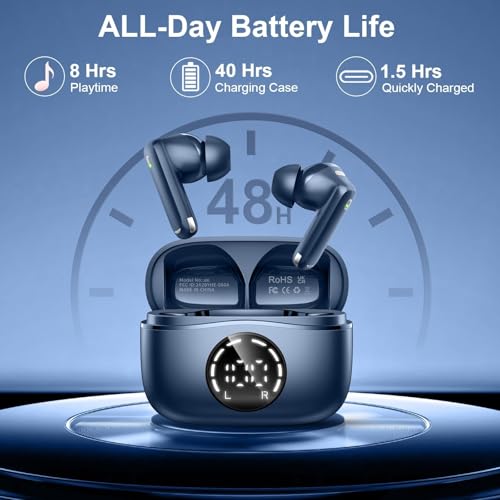 Image of Wireless Earbuds, 2025 Bluetooth 5.4 Headphones NEW Ear Buds 40H Bass Stereo in-Ear Earphones ENC Noise Cancelling Earbuds with 4 HD Mic, USB-C LED Display IP7 Waterproof Sport Headset for Android iOS