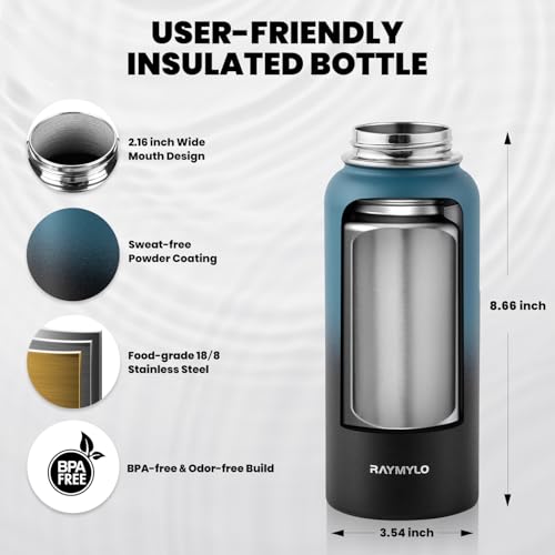 Image of RAYMYLO Insulated Water Bottle 32 oz, Triple Wall Vacuum Stainless Steel (Cold for 24Hrs, Hot for 12Hrs), Leak Proof & Non-BPA, Modern Water Flask Jug with Paracord Handle & Straw Spout Lids