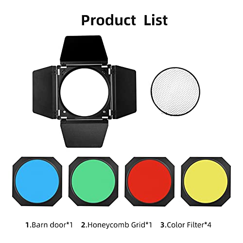 Image of Godox BD-04 Barn Door & Honeycomb Grid &4 Color Gel Filters Compatible for Standard Reflectors Accessories kit