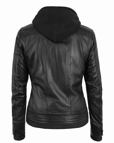 SKY-SELLER Hooded Biker Jacket - Womens Leather Jacket with Hood - Leather Motorcycle Jacket Women3