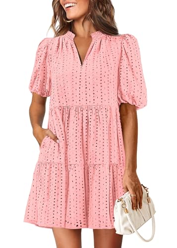KIRUNDO Eyelet Summer Dresses for Women 2026 Mini Casual Hollow Out Short Sleeve Lace Tiered V Neck Shift Dress Pockets(Pink, Small)