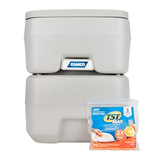 Camco 5.3-Gallon Portable Toilet - Features Detachable Holding Tank w/Sealing Slide Valve & Bellow-Type Flush - Easy Transport w/Compact Lightweight Design & Carry Handle - Gray (41541)