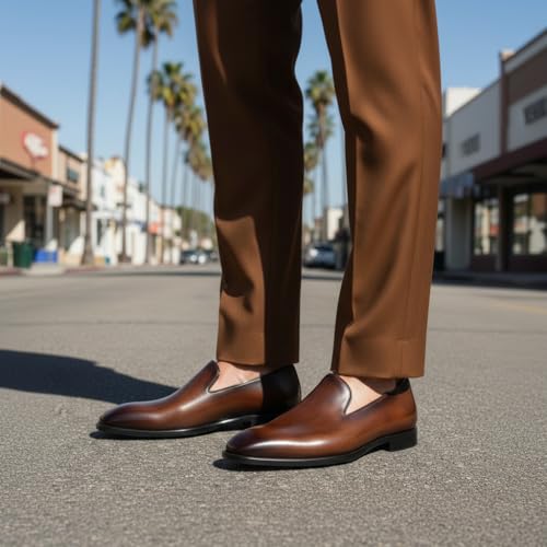 Image of Men's Genuine Leather Loafers Hand-Dyed Leather Sole Slip-On Dress Shoes