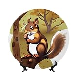 PHAYAH Dekorativer Teller aus Knochenporzellan, Nussfressendes Eichhörnchenmuster, 25,4 cm, dekorative Teller mit Präsentationsständer, runde Speiseteller für Zuhause, Büro, Dekoration