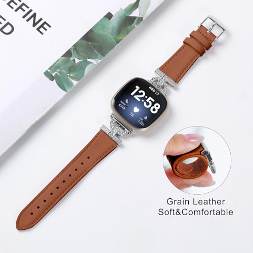 Luxe Leather Bands Compatible With Fitbit Versa 4/Versa 3/Sense 2/Sense Bands For Women D-shaped Bling Metal Buckle Replacement Straps.