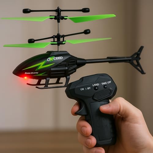 Image of KIDZYMON RC Flying Helicopter with Hand Gravity Sensor, Charging Battery, 3D Light, Safety Sensor, Gravity Sensor, Suitable for Kids Age 4+ Years (Style Gun Green)