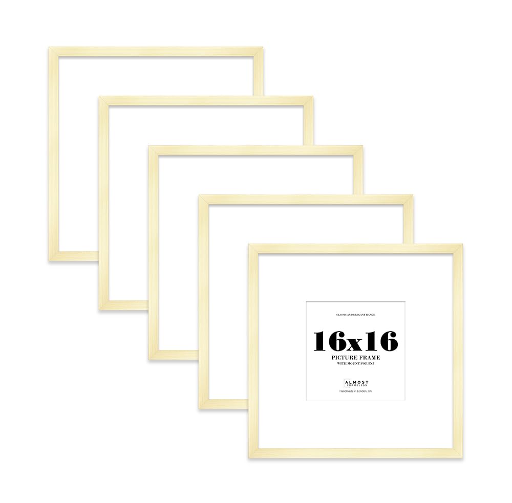 16x16 Gold Picture Frame with Large Mount for 8x8 Photos, Prints - Modern Square Wall Frame, Set of 5