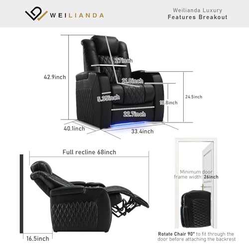 Weilianda Home Theater Seating Top Grain Leather Recliner Chair Power Headrest and Recline Movie Seats Gaming Sofa with Tray Table Type-C USB Charge Cup Holders Row of 1 Black