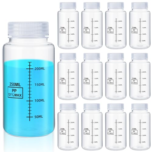 Tatuo 12 Pcs 8oz 250 ml Plastic Sample Bottles with Screw Cap, Liquid Containers with Lid for Lab Reagent Sample Medicine Pill Water Storage, Travel Bottles(Clear,Wide Mouth-Dark Scale)
