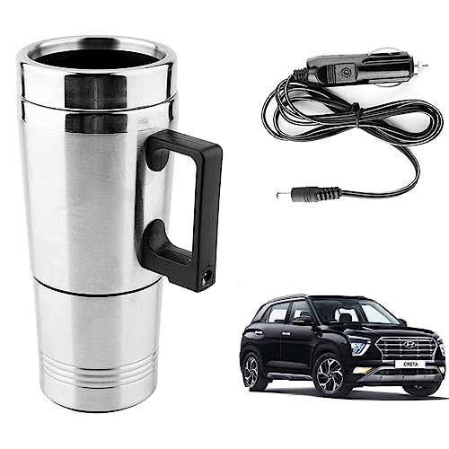 Image of Oshotto 12V Stainless Steel Car Heating Kettle /Mug, Travel Friendly electric Tea /Coffee maker Compatible with Hyundai Creta (2020-2026) (300ml) - Silver