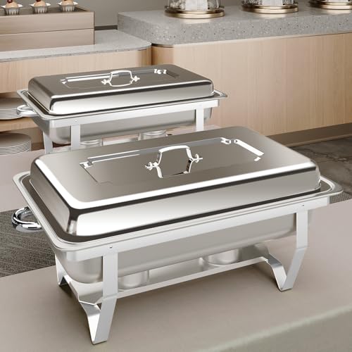 Jwevvie Chafing Dishes for Buffet 2 Pack, 9 QT Full Pan Stainless Steel Chafing Dish Buffet Set Sturdy and High Grade Chafers and Buffet Warmers Sets for Any Party with Complete Set