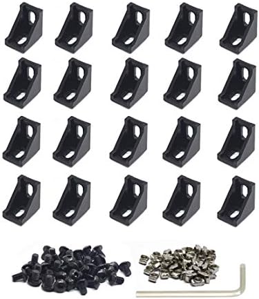 Iverntech 20pcs Black Aluminum Corner Bracket Connector Inside Joint Plate Fastener with 40pcs M5 T Nuts+40 pcs M5 Screw+1pcs Wrench for Standard 6mm Slot 2020 Series Aluminum Extrusion Profile