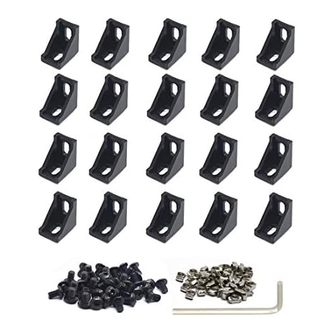 Iverntech 20pcs Black Aluminum Corner Bracket Inside Joint Plate Fastener with 40pcs M5 T Nuts+40 pcs M5 Screw+1pcs Wrench for Standard 6mm Slot 2020 Series Aluminum Extrusion Profile Cover