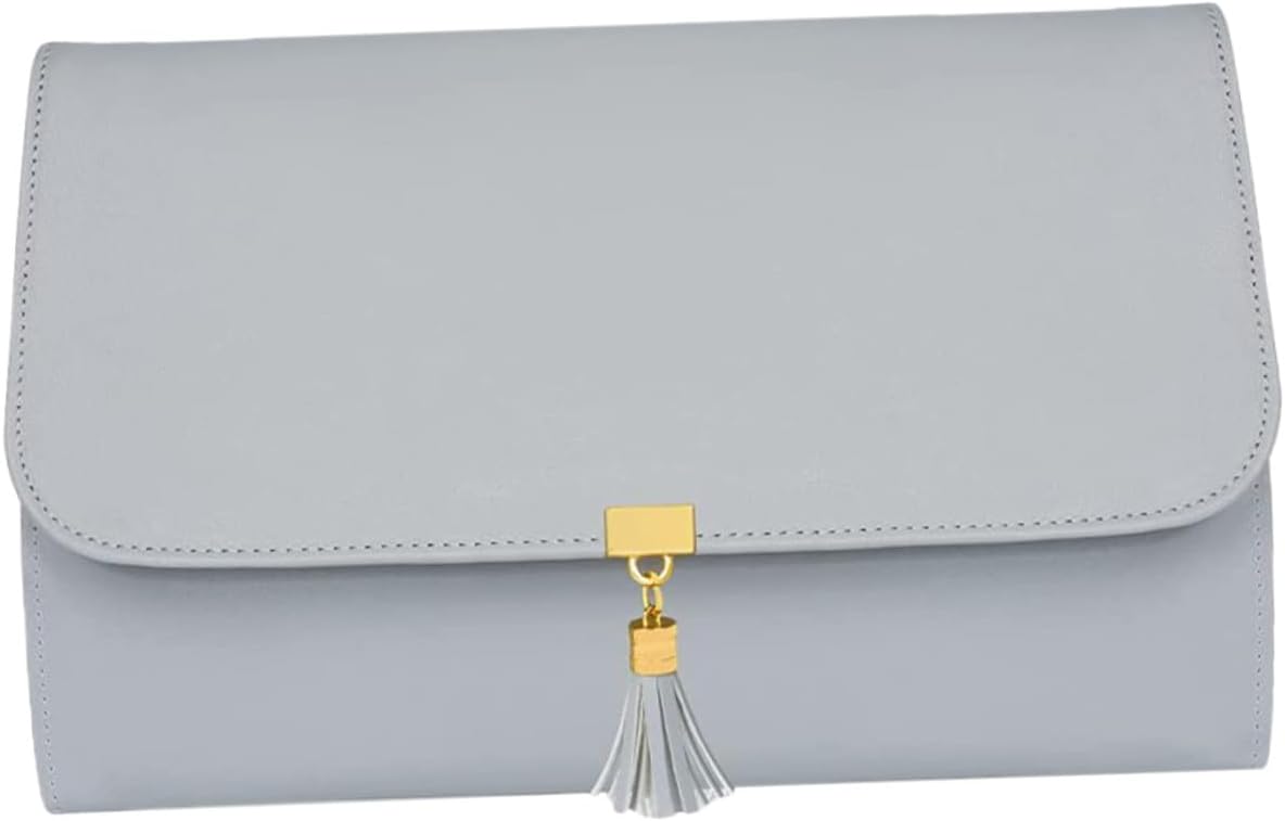 BESPORTBLE Multifunctional Gray Leather Jewelry Roll Organizer Bag with Tassel, Large Capacity Travel Jewelry Holder Pouch for Necklaces and Earrings