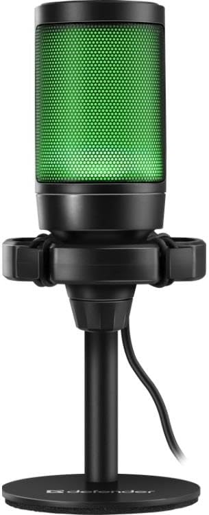 Front view of Defender Impulse GMC 600 RGB Microphone with green lighting