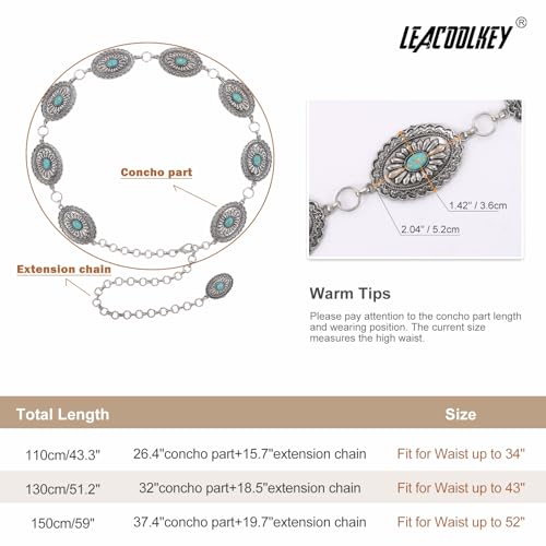 Image of LEACOOLKEY Women Turquoise Concho Chain Waist Belt Silver Western Cowgirl Metal Chain Belt for Dress Adjustable