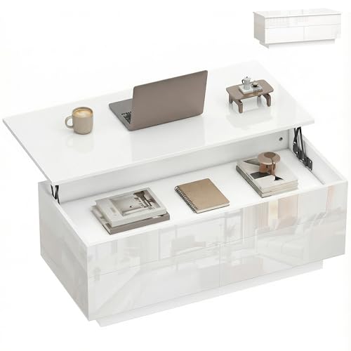 HOMCOM Couchtisch Höhenverstellbar, Wohnzimmertisch mit Hebeplatte, 2 Schublade und verstecktem Stauraum, Kaffeetisch Sofatisch für Wohnzimmer, Hochglanz Weiß