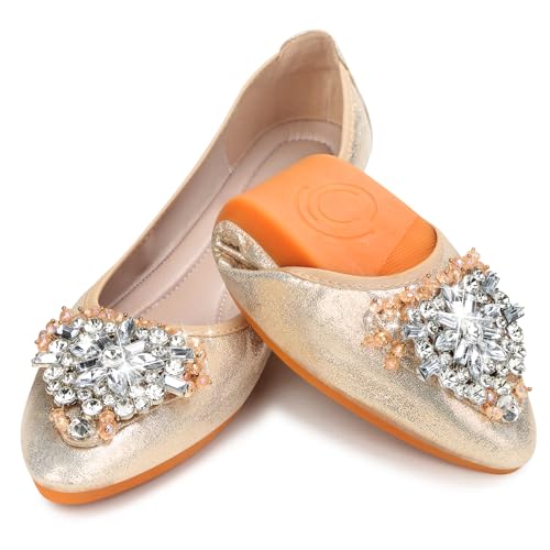 Image of KUNWFNIX Women Ballet Flats Rhinestone Wedding Ballerina Shoes Foldable Sparkly Comfort Slip on Flat Shoes