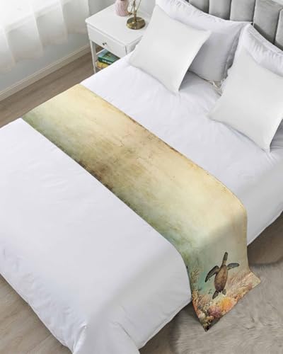 Retro Turtle Bed Runner for King Size, Ocean Coral Reef Coastal Underwater Sea Bedspread Protector Slipcover Bed Scarf for Foot Runners & Scarves for Bedroom Hotel Wedding Room 102x20 Inches