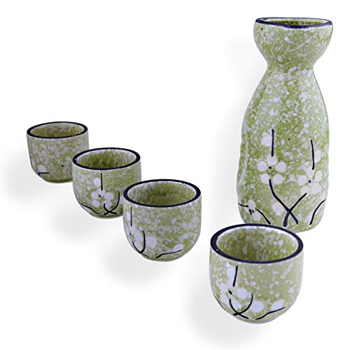 Lake Tian Ceramic Traditional Japanese Sake Set Gift Box Set of 5 pieces, Hand Crafted and Painted, Microwavable, Color Green