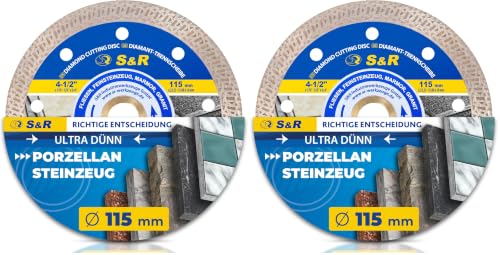 S&R Diamanttrennscheibe HardCeramic in Profie-Qualität 115 mm / 7', superdünner Schneidrand 1.5mm, 115x1.2x10x22.2/20/15.88 mm, Trennscheibe für Fliesen, Feinsteinzeug, Marmor, Granit (Packung mit 2)