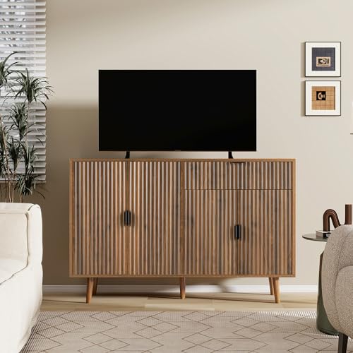 Nasonet Storage Cabinet, 47\" Wide Fluted Sideboard Buffet Cabinet with 4 Doors and Adjustable Shelves, Console Table for Entryway Living Room, Kitchen, Rustic Brown