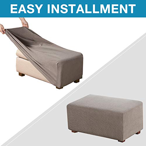 Flamingo P Stretch Ottoman Cover Stool Furniture Protector Soft Rectangle Slipcover with Elastic Bottom Stretch High Spandex Small Checks Jacquard Fabric (Large, Taupe)