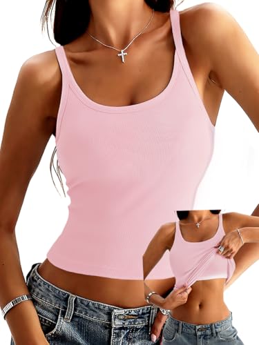 Danysu Women's Tank Tops with Bulit in Bras Scoop Neck Ribbed Fitted Knit Crop Halter Tops Spaghetti Strap Camisole Baby Pink X-Samll